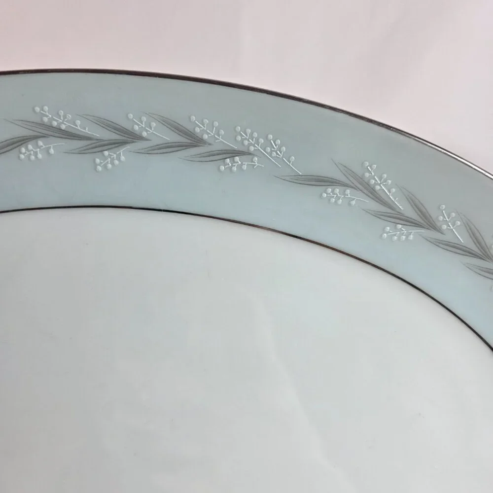 Noritake Sheldon Serving Platter 14 Inch White with Aqua Band and White Flowers